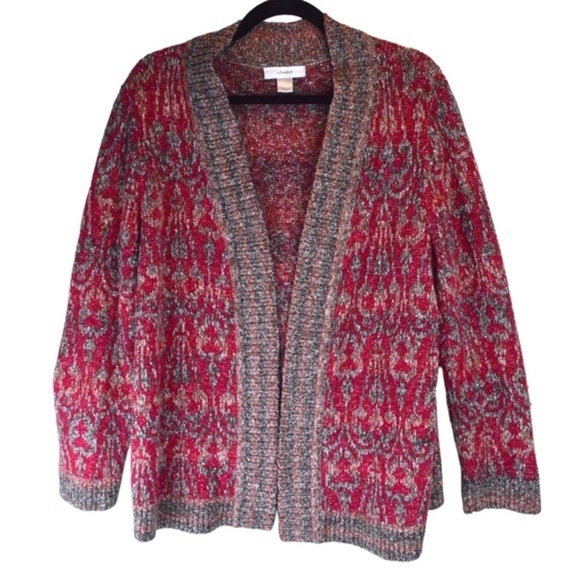 CJ Banks Sweaters - Open Front Cranberry Red Paisley Pattern Knit Cardigan, Size 1X